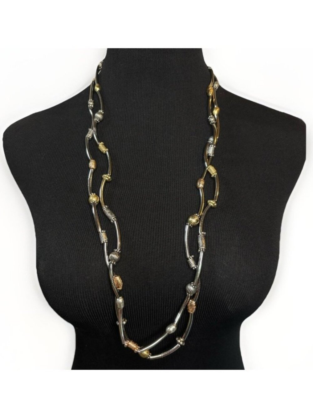 Chicos Double Strand Silver Tone Gold Bronze Accents Necklace Long